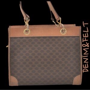 CELINE Brown/Tan Leather Macadam Blason Pattern Tote/Hand Bag/Purse | PRELOVED👜